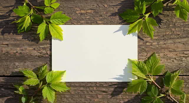A blank piece of paper surrounded by green leaves photo