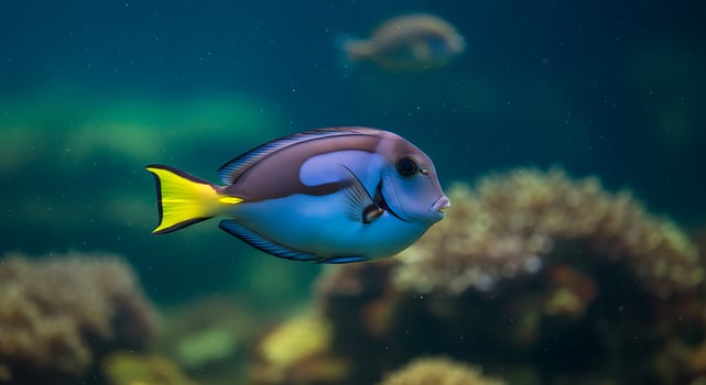 A blue and yellow fish swimming in the ocean photo