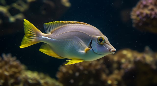 A yellow and white fish swimming in an aquarium photo