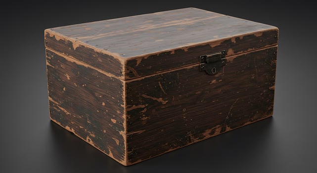 An old wooden box sitting on a black surface photo