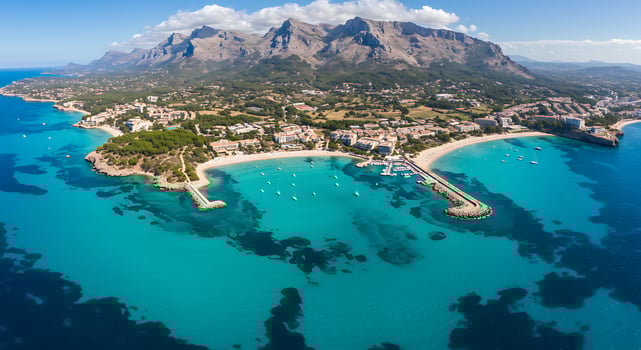 An aerial view of a beautiful beach and mountains photo