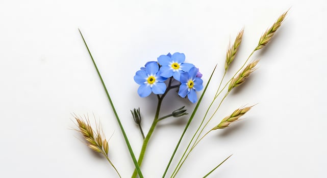 Forget-me-not flower and wheat on white background photo