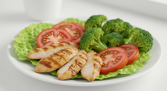 A plate of food with chicken, broccoli, and tomatoes photo