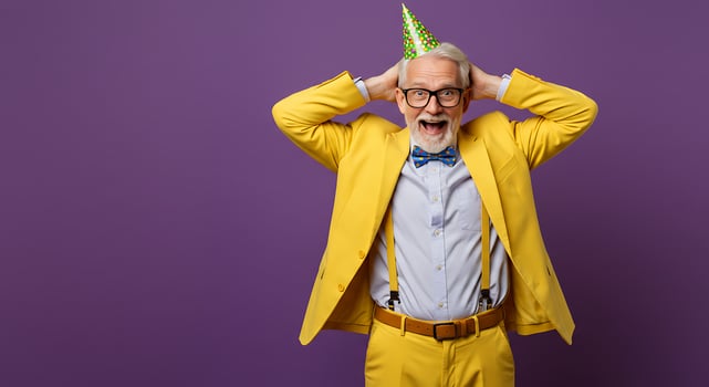 An old man wearing a yellow suit and a party hat photo