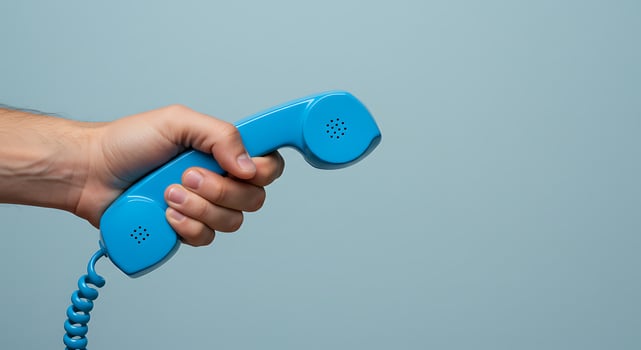 A hand holding a blue telephone on a blue background photo
