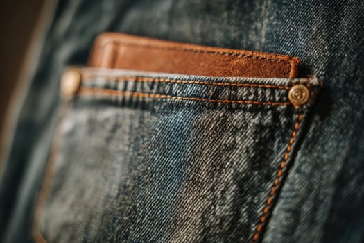 Denim pocket showcasing perfect alignment of stitches and wallet during daylight in a casual setting photo