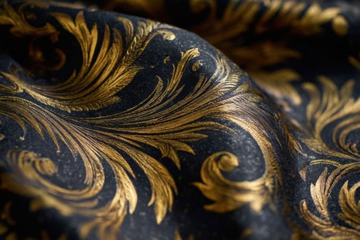 Exquisite leaf printed silk fabric showcasing ultra luxe texture and reflective quality in elegant black and gold design photo
