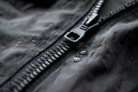 Detail view of waterproof coil zipper with rubber sealing for enhanced protection against water photo