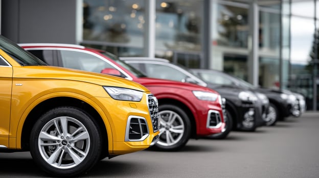 Audi cars parked in front of a dealership photo