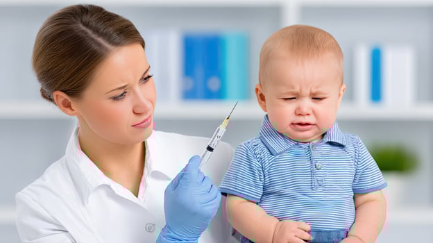 A woman is holding a baby and giving it an injection photo