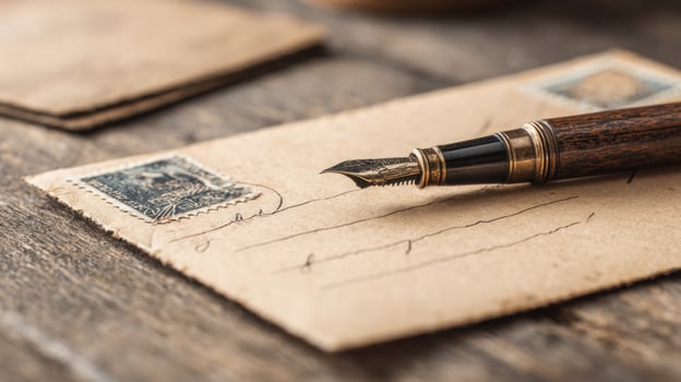 Elegant Pen Poised Over Vintage Postcard Inviting Heartfelt Messages in a Warm Setting photo
