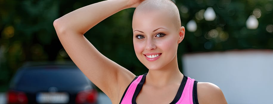 A woman with shaved hair and pink top photo