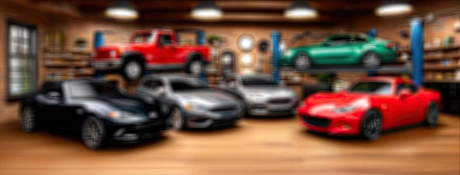 A group of cars in a garage photo