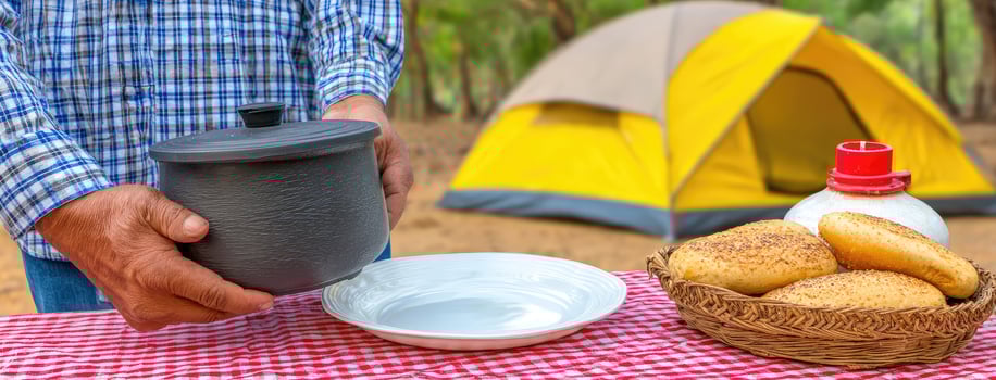A man pouring coffee into a cup on a picnic table photo