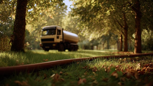 A truck is driving through a field with trees photo