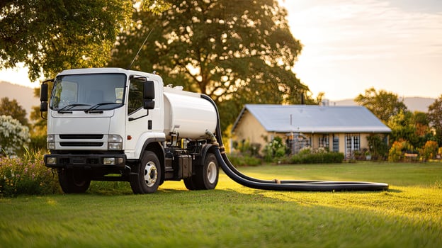 A truck with a hose attached to it in the grass photo