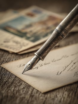 Pen Poised Over Vintage Postcard Awaiting Heartfelt Message in Warm Tones photo