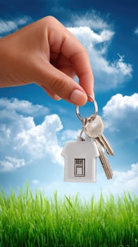 A hand holding a keychain with a house on it photo