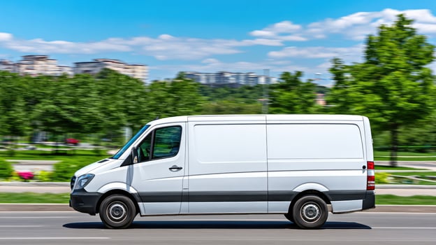 A white van is driving down the road photo