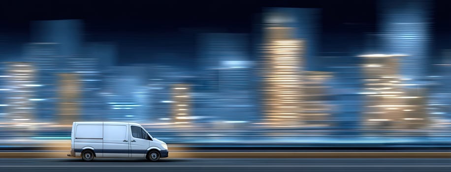 A white van driving on the road at night photo