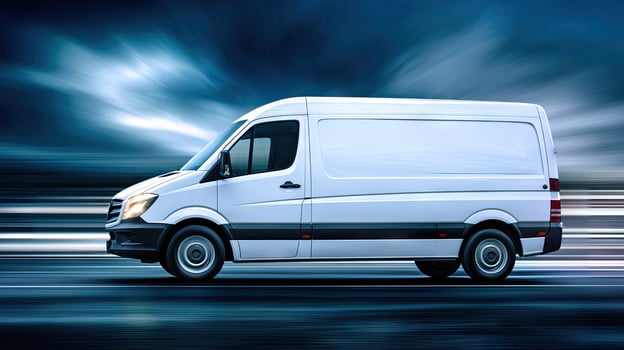 A white van driving on a dark road photo