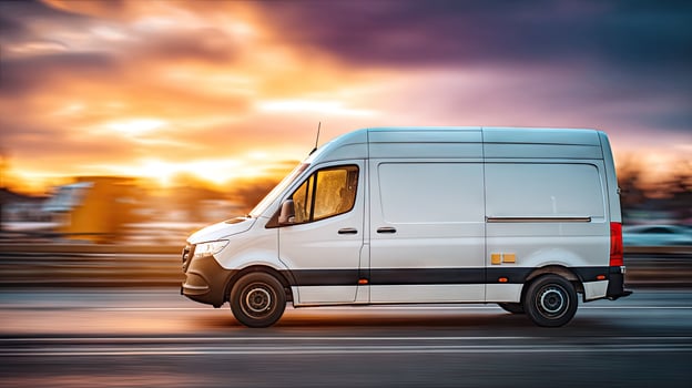 A white van driving on a road at sunset photo