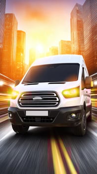 A white van driving on a city street photo