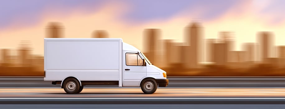 A white delivery truck is driving down the road photo