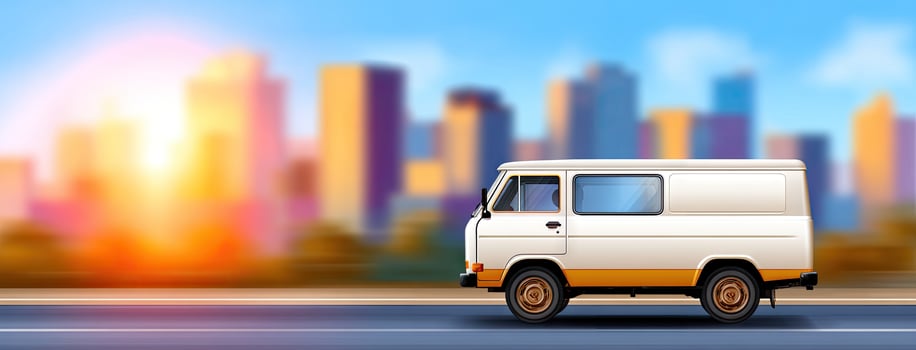 A white van is driving down the road in front of a city photo