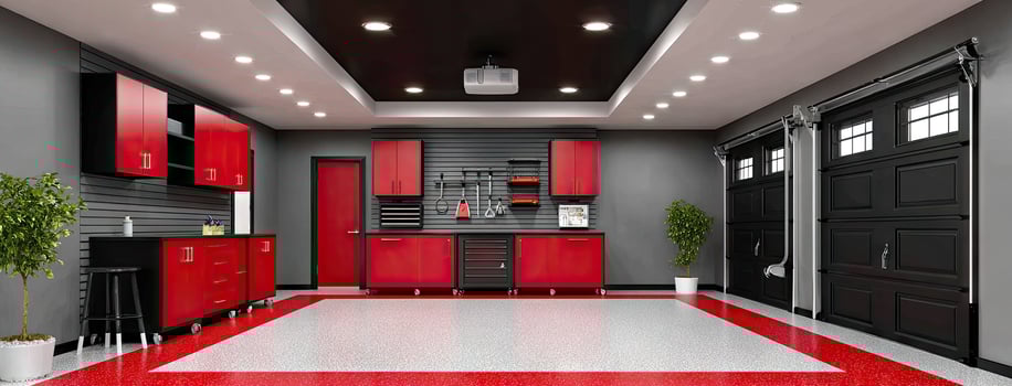 A garage with red and black cabinets and a black ceiling photo
