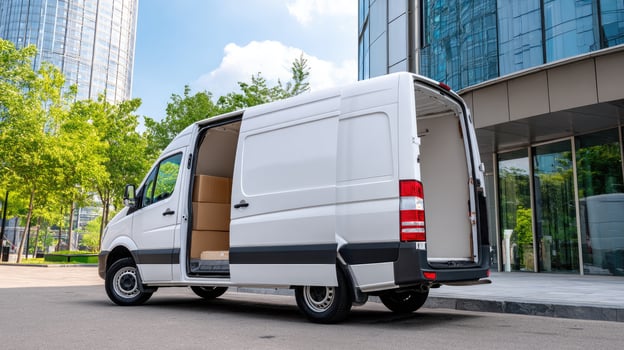 A white van with its door open is parked in front of a tall building photo