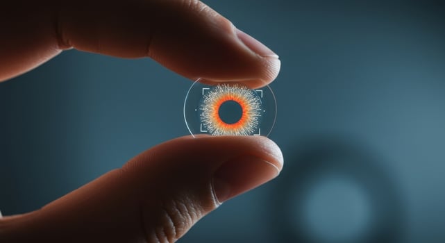 Hand Holding Futuristic Contact Lens with Digital Eye Design, Technology, and Vision Care Concept photo