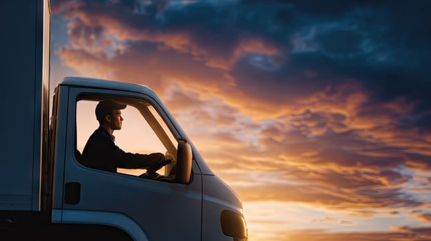 A man driving a truck at sunset photo
