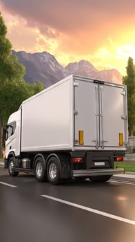 A white truck is driving down the road photo