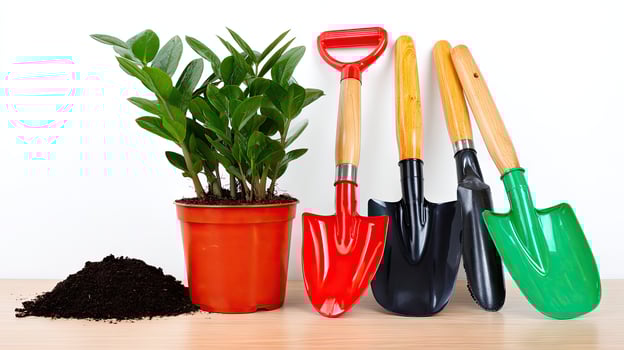 A group of gardening tools and a plant photo