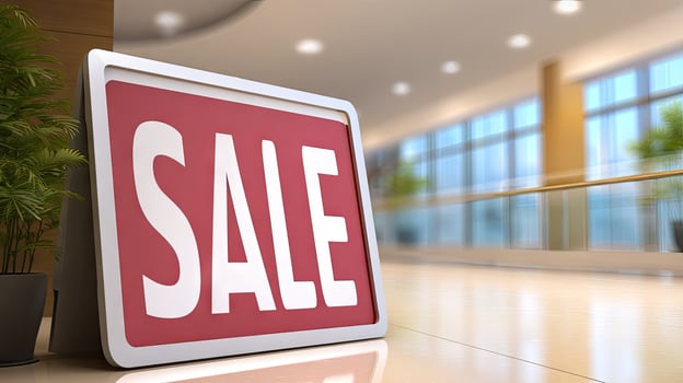 A sale sign is displayed in an office building photo