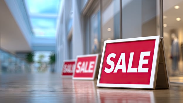 A sale sign is displayed in front of a store photo