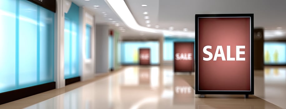 An empty mall with sale signs on the wall photo