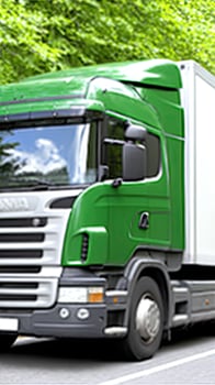 A green truck driving down the road photo