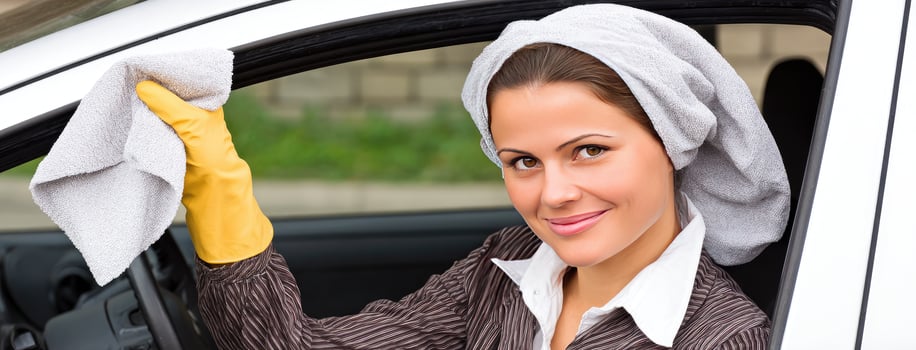 A woman in a car with a towel on her head photo