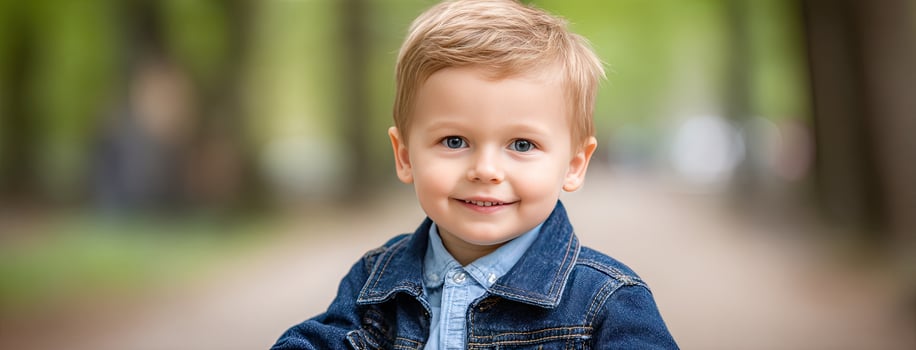 A young boy in a denim jacket is smiling photo