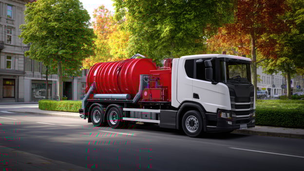 A large red water tanker truck driving down a street photo