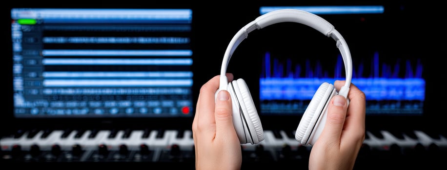 A person holding up a pair of headphones in front of a keyboard photo