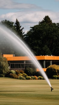 A man spraying water on a field of grass photo