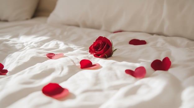 Luxurious bedding strewn with fresh red rose petals photo