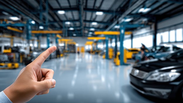 A person pointing at a car in a car dealership photo