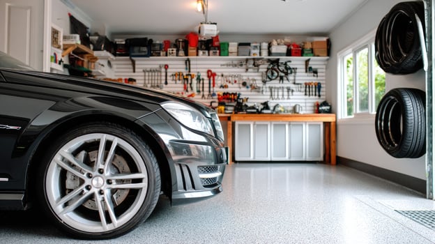 A car is parked in a garage with tires on the ground photo