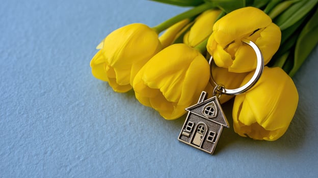 A bouquet of yellow tulips with a house keychain photo