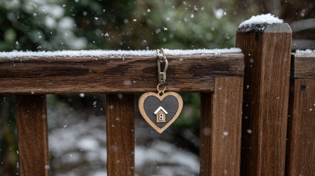 A wooden fence with a heart shaped keychain attached to it photo