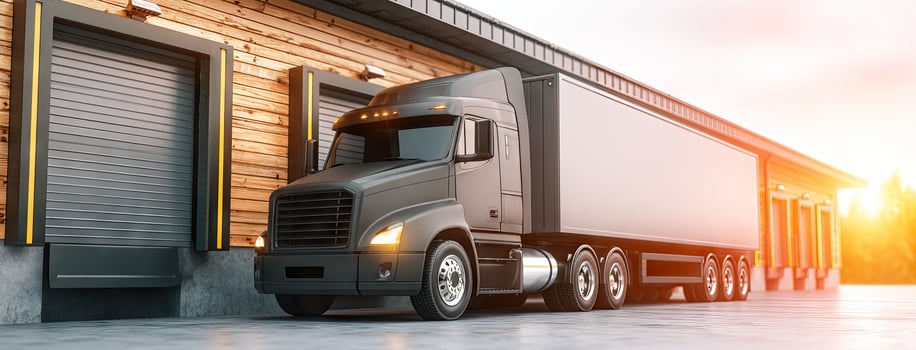 A semi truck is parked in front of a warehouse photo